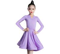 DgtZyrih Filles à Manches Longues Danse Latine Robe Col V Enfants Salsa Tango Dansewear Moderne Scène Performance Costume Salle de Bal Samba Cha Cha Jupe Tenue de Danse,Violet,130