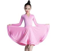 DgtZyrih Filles à Manches Longues Danse Latine Robe Col V Enfants Salsa Tango Dansewear Moderne Scène Performance Costume Salle de Bal Samba Cha Cha Jupe Tenue de Danse,Rose,170