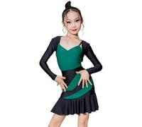 DgtZyrih Filles à Manches Longues Robe de Danse Latine, Mordern Split Danse Tenue Salle de Bal Ballet Rumba Samba Jupes Concours Vêtements de Danse pour Enfants Salsa Tango Jupe,Vert,180