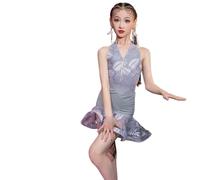 DgtZyrih Filles Dos Nu Robe de Danse Latine, 2 pcs Split Design Costume de Danse Volants Salle de Bal Salsa Tango Jupes compétition fête scène Performance vêtements de Danse,Gris,150