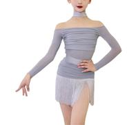 DgtZyrih Filles Latin Frange Danse Jupe Vêtements de Danse D'été avec Haut À Manches Longues, Jupe Courte Scène Performance Costume Fille Salle de Bal Samba Tango Cha-Cha Robe,Gris,130