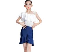 DgtZyrih Filles Une épaule Robe de Danse Latine, 2 pièces Enfants Split Danse Tenue Rumba Samba Tango Performance Costume Volants compétition Dansewear Jupe Courte,Blanc,140