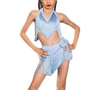 DgtZyrih Jupe de Danse Latine pour Filles, Costume de Danse à Pompons avec Caraco, Vêtements de Danse de compétition à Franges, Tenue de Performance de Danse Tango Chacha Salsa pour Enfants,Bleu,150