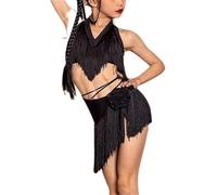 DgtZyrih Jupe de Danse Latine pour Filles, Costume de Danse à Pompons avec Caraco, Vêtements de Danse de compétition à Franges, Tenue de Performance de Danse Tango Chacha Salsa pour Enfants,Noir,130