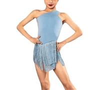 DgtZyrih Robe de Danse Latine à Franges pour Filles, Tenue de Danse asymétrique, Costumes de compétition Modernes pour Enfants, Tenue d'entraînement de Tango, Chacha, Salsa, Samba,Bleu,130