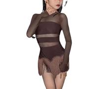 DgtZyrih Robe de Danse Latine à Franges pour Filles, Tenue de Danse Moderne à Manches Longues en Dentelle, Costume de Salon pour Enfants, Tenue de compétition pour Samba, Tango, cha-cha,Marron,150