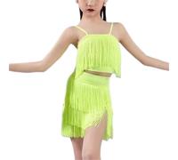 DgtZyrih Robe de Danse Latine à Paillettes et Pompons pour Filles, Jupe à Pompons en Strass pour Enfants, Tenue de compétition pour la Danse de Salon, la Salsa et Le Tango,Vert,160