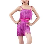 DgtZyrih Robe de Danse Latine à Paillettes et Pompons pour Filles, Jupe à Pompons en Strass pour Enfants, Tenue de compétition pour la Danse de Salon, la Salsa et Le Tango,Rose,140