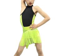 DgtZyrih Robe de Danse Latine pour Fille, Ensemble 2 pièces à Pompons avec Haut Dos Nu et Jupe à Franges, Tenue de compétition, Costume de Spectacle pour Salsa Tango,Jaune,170