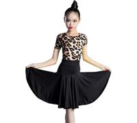 DgtZyrih Robe de Danse Latine pour Fille, Ensemble 2 pièces avec Justaucorps à Manches Courtes et Jupe, Tenue de Danse à Volants, Costume de Salon, Tango, Rumba, Samba, compétition,Noir,140