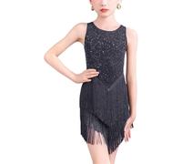 DgtZyrih Robe de Danse Latine pour Fille, Jupe à Franges sans Manches, Dos Nu, Tenue de compétition, Tenue de scène Professionnelle pour Salle de Bal, Samba, Tango, cha-cha,Noir,110
