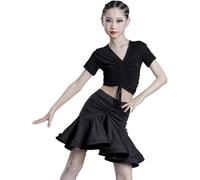 DgtZyrih Robe de Danse Latine pour Fille, Tenue de Danse 2 pièces à Manches Courtes, Costume de compétition à col en V, Jupes de Danse de Salon, Salsa, Tango, Festival,Noir,140