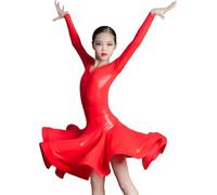 DgtZyrih Robe de Danse Latine pour Fille, Tenue de Danse à Manches Longues, Tenue de compétition Brillante, Costumes de Performance Big Swing, Jupe de fête de Salle de Bal,Rouge,130