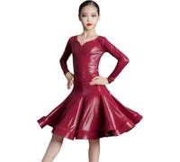 DgtZyrih Robe de Danse Latine pour Fille, Tenue de Danse à Manches Longues, Tenue de compétition Brillante, Costumes de Performance Big Swing, Jupe de fête de Salle de Bal,Dark Red,120