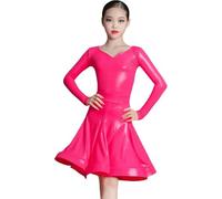 DgtZyrih Robe de Danse Latine pour Fille, Tenue de Danse à Manches Longues, Tenue de compétition Brillante, Costumes de Performance Big Swing, Jupe de fête de Salle de Bal,Rose,130