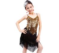 DgtZyrih Robe de Danse Latine pour Fille, Tenue de Danse à Paillettes Brillantes et Pompons, Jupe d'entraînement Respirante, Tenue de compétition de Danse de Salon, cha cha, Salsa, Tango,d'or,3XL