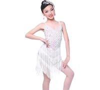 DgtZyrih Robe de Danse Latine pour Fille, Tenue de Danse à Paillettes Brillantes et Pompons, Jupe d'entraînement Respirante, Tenue de compétition de Danse de Salon, cha cha, Salsa, Tango,Blanc,3XL