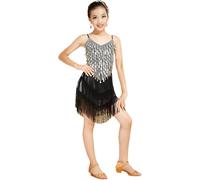 DgtZyrih Robe de Danse Latine pour Fille, Tenue de Danse à Paillettes Brillantes et Pompons, Jupe d'entraînement Respirante, Tenue de compétition de Danse de Salon, cha cha, Salsa, Tango,Argent,3XL