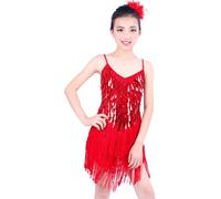 DgtZyrih Robe de Danse Latine pour Fille, Tenue de Danse à Paillettes Brillantes et Pompons, Jupe d'entraînement Respirante, Tenue de compétition de Danse de Salon, cha cha, Salsa, Tango,Rouge,3XL