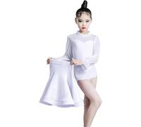 DgtZyrih Robe de Danse Latine pour Filles, 2 pcs à Manches Longues col roulé Salsa Tango Jupes Grand Swing Costumes de Danse Enfants Flowy Dancewear Party Rave Dance Dress,Blanc,130