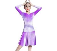 DgtZyrih Robe de Danse Latine pour Filles, 2 pièces en Velours à Manches Longues Jupe plissée Performance lyrique Costume de compétition Big Swing Dancewear Flowy Practice Outfit,Violet,120