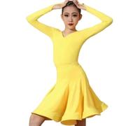 DgtZyrih Robe de Danse Latine pour Filles, col en V, Manches Longues, Costume de Danse Professionnel, Tenue de compétition, Grande Jupe trapèze pour Tango, cha cha, Salsa, Rumba,Jaune,120