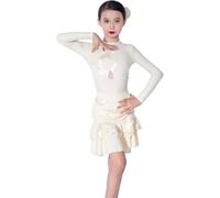 DgtZyrih Robe de Danse Latine pour Filles, Manches Longues, col Ras du Cou, Costume de compétition, Jupe de soirée Moderne à Volants, Tango, cha cha, Salsa, Rumba,Jaune,180