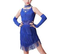 DgtZyrih Robe de Danse Latine pour Filles Robes à Pompons en Strass, Tenue de Danse Dos Nu Costume de Performance de vêtements de Danse pour Danse de Salon Jupe de Tango de Salsa Latine,Bleu,140