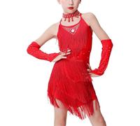 DgtZyrih Robe de Danse Latine pour Filles Robes à Pompons en Strass, Tenue de Danse Dos Nu Costume de Performance de vêtements de Danse pour Danse de Salon Jupe de Tango de Salsa Latine,Rouge,160