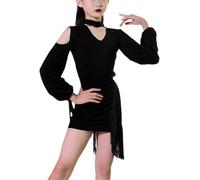 DgtZyrih Robe de Danse Latine pour Filles, Tenue de Danse Moderne à Manches Longues, Une pièce, pour Enfants, Tango, Chacha, Salsa, Samba, Costume d'entraînement pour Filles,Noir,130