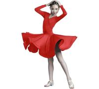 DgtZyrih Robe de Danse Latine pour Filles, Une pièce de Bal Salsa Tango Jupes Col en V Manches Longues Robe de soirée Volants Vêtements de Danse Enfants Scène Performance Costume,Rouge,160