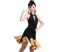 DgtZyrih Robe de Justaucorps Latin pour Filles, sans Manches Dos Nu Tenue de Danse lyrique pour Filles Danse Performance Costume Samba Tango Rumba Cha Cha Dancewear Jupe de fête,d'or,160