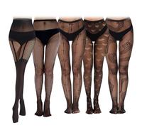 DGUSO Collant Resille Noir 5 pièces Collants Fishnets Tights, Collants Résille Femme dans Différents Motifs, Collant Résille Scintillant Bas Resille Femme Sexy, Collants Résille Noirs Motif Noir