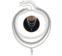 DGUSO Collier Perle Homme 17 Pouces pour Collier de Perle Homme Collier De Perle Homme, Set 3 Pièce Pendentifs en Plumes et Perles pour Hommes, Collier Homme Perle Collier Perles Blanches Unisexe