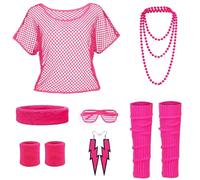 DGUSO Déguisement Année 80, Deguisement Annee 80 Femme Accessoires Annee 80 Déguisement Années 80 T-Shirt en Maille, Bandeau, Boucles d'Oreilles, Costume Annee 80 pour Thème Fête Femmes (Rose)
