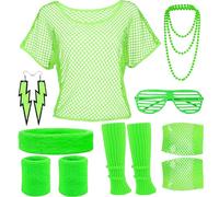 DGUSO Déguisement Année 80 Femme 12 Pièces Kit d'Accessoires de Costume des Années 80,Vêtements Années 80 Néon Tenu,Déguisement Fluo T-Shirt en Maille,Tenue Annee 80 Femme pour Thème Fête