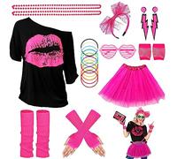 DGUSO Déguisement Année 80 Femme, Taille unique, T-Shirt, Tutu Rose, Lunettes, Jambières, Bandeaux, Boucles d'oreilles, Colliers, Gants en résille, Deguisement Femme Annee 80 pour Femmes et Filles