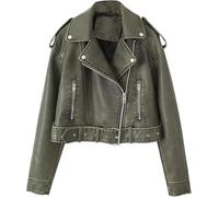 Dgyahm WOME’s Faux Cuir Casual Short Manteau Vitage Fashio Moto Manteau Veste Blazer Col Zip Up, Grey Green, L