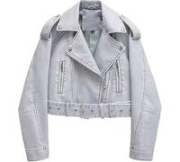 Dgyahm WOME’s Faux Cuir Casual Short Manteau Vitage Fashio Moto Manteau Veste Blazer Col Zip Up, Grey White, M