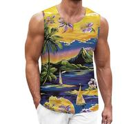 DGZTWLL Débardeur d'été décontracté pour homme - Léger et extensible - Imprimé GD - Coupe régulière - Vacances tropicales hawaïennes - Plage spaghetti - Débardeur à bretelles spaghetti, jaune, 5XL