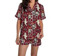 DGZTWLL Pyjama d'Halloween en satin pour femme, chemise à manches courtes et short en soie, coupe ample, ensemble de pyjama d'Halloween en satin pour femme, Rouge-j, M