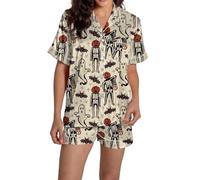 DGZTWLL Pyjama d'Halloween en satin pour femme, chemise à manches courtes et short en soie, coupe ample, ensemble de pyjama d'Halloween en satin pour femme, White-j, S