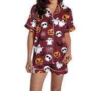 DGZTWLL Pyjama d'Halloween en satin pour femme, chemise à manches courtes et short en soie, coupe ample, ensemble de pyjama d'Halloween en satin pour femme, Wine-j, S