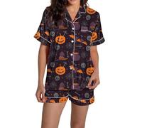 DGZTWLL Pyjama d'Halloween en satin pour femme, chemise à manches courtes et short en soie, coupe ample, ensemble de pyjama d'Halloween en satin pour femme, Violet-J, S