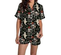 DGZTWLL Pyjama d'Halloween en satin pour femme, chemise à manches courtes et short en soie, coupe ample, ensemble de pyjama d'Halloween en satin pour femme, Black-j, XXL