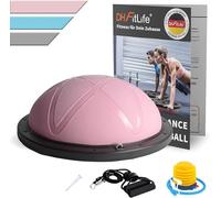 DH FitLife Ballon d'équilibre pour yoga - Φ60*22cm - Charge maximale : 200 kg - Demi-ballon de gymnastique - Planche d'équilibre avec pompe et 2 bandes de fitness - Rose