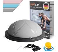 DH FitLife Ballon d'équilibre Yoga Gris 60x22 cm, 200 kg max - Demi-ballon de gymnastique avec pompe & 2 bandes de fitness