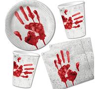 DH-Konzept Vaisselle jetable de 40 pièces pour Halloween * Main ensanglantée * Avec assiettes en carton + serviettes + gobelets en carton Vaisselle pour anniversaire d'enfants/fête à thème