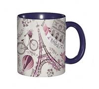 DHAEY Mug porcelaine fine CityIconic Elements of Paris Hearts on The Eiffel Tower and a Bicycle.Purple Pink |Mug humour pour collègue, amis, copains, frères et soeurs |Mug original avec