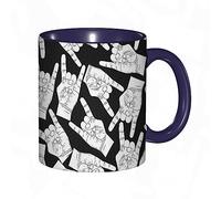DHAEY Mug porcelaine fine Rock and Roll Horn Hand Gestes Contemporary Show Time Concert Hard Music Theme.White and Black |Mug humour pour collègue, amis, copains, frères et soeurs |Mug original avec